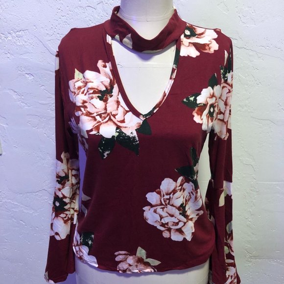 Objex Tops - Floral burgundy knit top